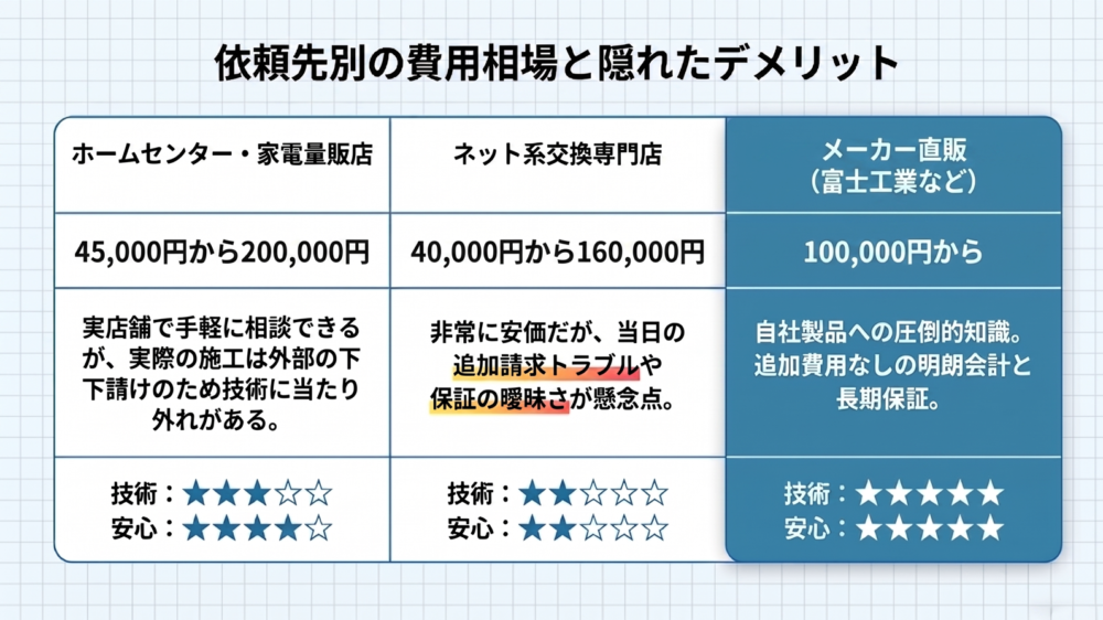 依頼先別の費用相場と隠れたデメリット。ホームセンター・家電量販店、ネット系交換専門店、メーカー直販の技術・安心度と価格の比較表