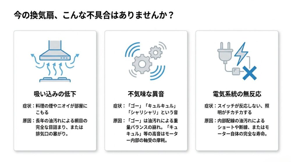換気扇の吸い込み低下、異音、電気系統のトラブル原因を解説した図解。
