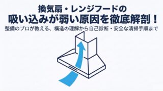 換気扇の吸い込みが弱い原因と完全解決の案内。整備のプロが教える構造の理解から自己診断・安全な清掃手順までの解説スライド表紙。