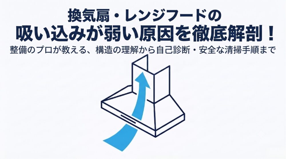 換気扇の吸い込みが弱い原因と完全解決の案内。整備のプロが教える構造の理解から自己診断・安全な清掃手順までの解説スライド表紙。
