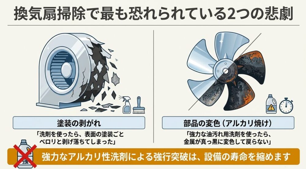 換気扇掃除で最も恐れられている2つの悲劇。強力なアルカリ性洗剤による塗装の剥がれと、アルミ部品の黒変(アルカリ焼け)のイラスト