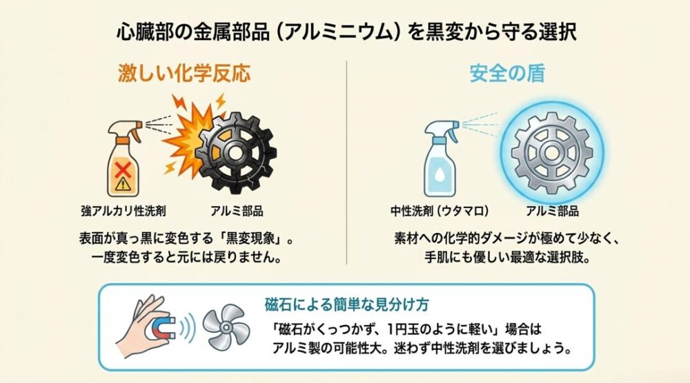 アルミニウム製の部品を強アルカリ性洗剤の黒変から守るための中性洗剤の推奨と、磁石が付かない・軽いというアルミ製部品の簡単な見分け方のイラスト