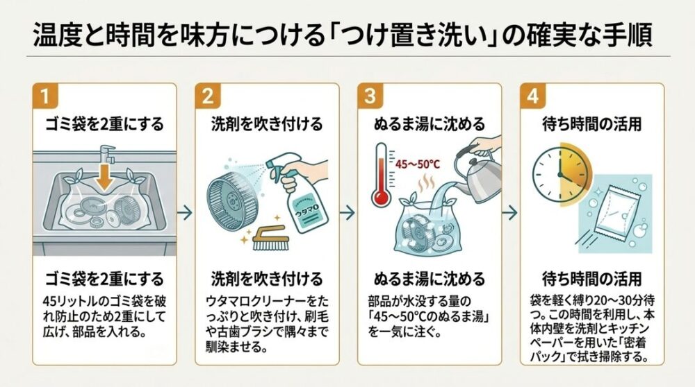 つけ置き洗いの手順図解。1.ゴミ袋を2重にする、2.洗剤を吹き付ける、3.ぬるま湯に沈める、4.待ち時間を活用して壁面を掃除する4ステップ