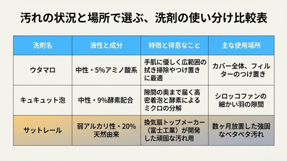 ウタマロクリーナー(広範囲・つけ置き)、キュキュット泡スプレー(細かい隙間)、サットレールスプレー(頑固な汚れ)の液性、成分、特徴、主な使用場所を比較した表