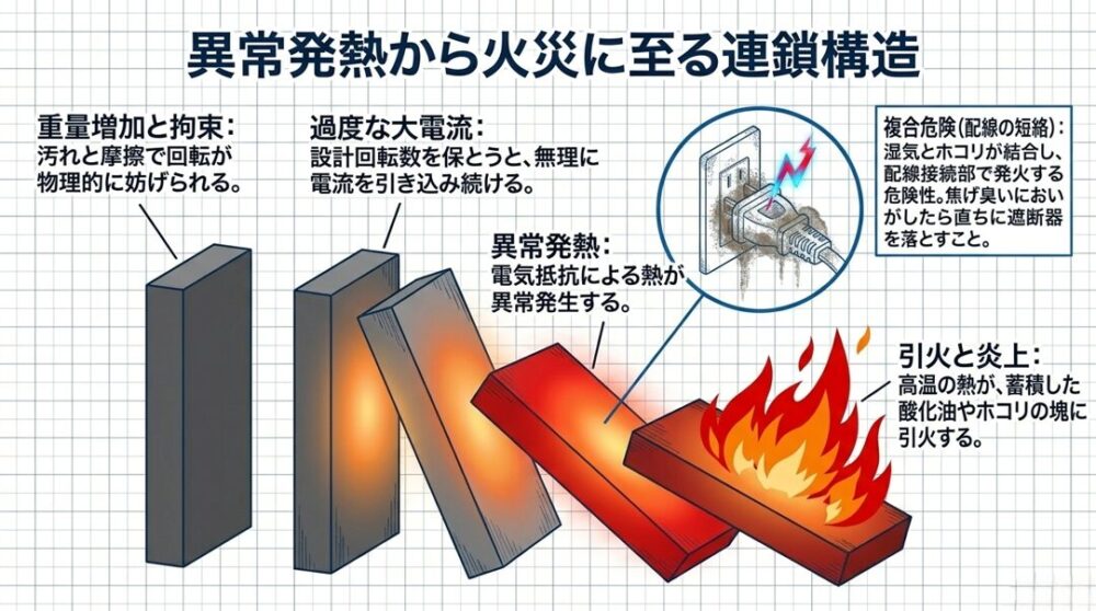 換気扇の汚れによる回転拘束から始まり、過度な電流と異常発熱を経て、蓄積した油やホコリに引火するまでの火災発生メカニズムの図解