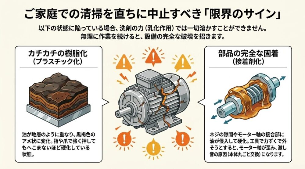自力での清掃を中止すべき限界のサイン。油がカチカチに硬化する樹脂化(プラスチック化)と、ネジやモーター軸に油が入り込んで固まる完全な固着(接着剤化)のイラスト