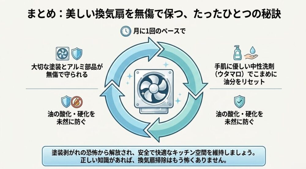 美しい換気扇を保つ秘訣のサイクル図。月に1回のペースで手肌に優しい中性洗剤(ウタマロ)で油分をリセットすることで、油の酸化・硬化を防ぎ、大切な塗装とアルミ部品を無傷で守るサイクル