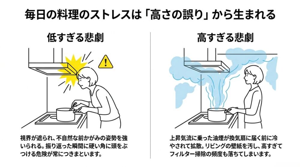 レンジフードが低すぎて頭をぶつける女性と、高すぎて煙が部屋に充満してしまっているキッチンのイラスト