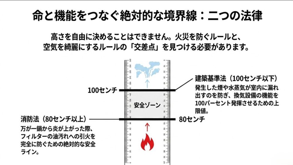 消防法(80cm以上)と建築基準法(100cm以下)の規定を示し、コンロ天板からの安全ゾーンを図解したスライド