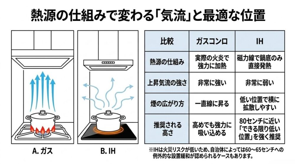 ガスコンロの強い上昇気流と、IHクッキングヒーターの弱い気流・煙が横に拡散しやすい性質を比較したイラスト