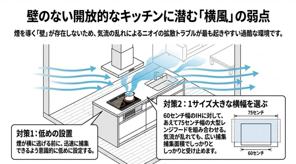 60センチ幅のIHに対して、横風対策として75センチ幅のワンサイズ大きなレンジフードを組み合わせることを推奨する図解
