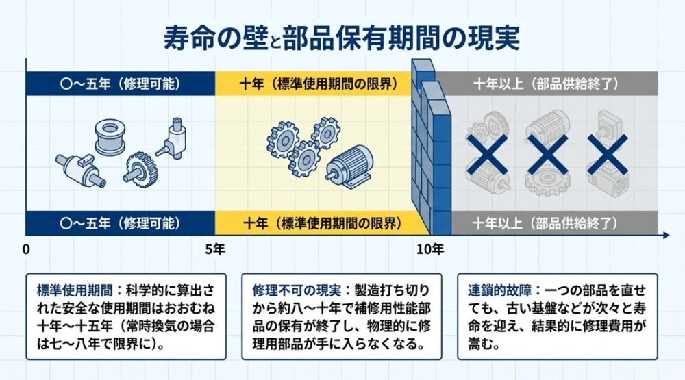製造から5年、10年と経過するごとの修理可能性を示し、10年を超えると部品供給が終了する「寿命の壁」を表したタイムライン図