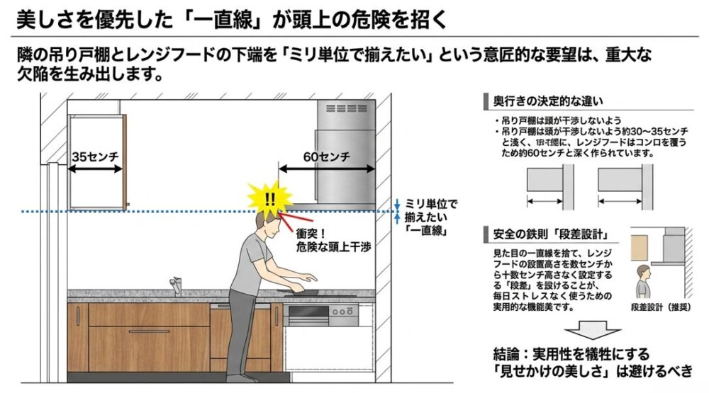 奥行き35cmの吊り戸棚と奥行き60cmのレンジフードの下端を一直線に揃えると、手前に突出した角に頭をぶつける危険があることを示した図解