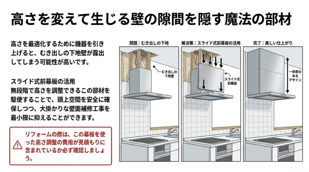 レンジフード交換で露出した下地壁を、スライド式前幕板を取り付けて美しく隠す手順を示した図解