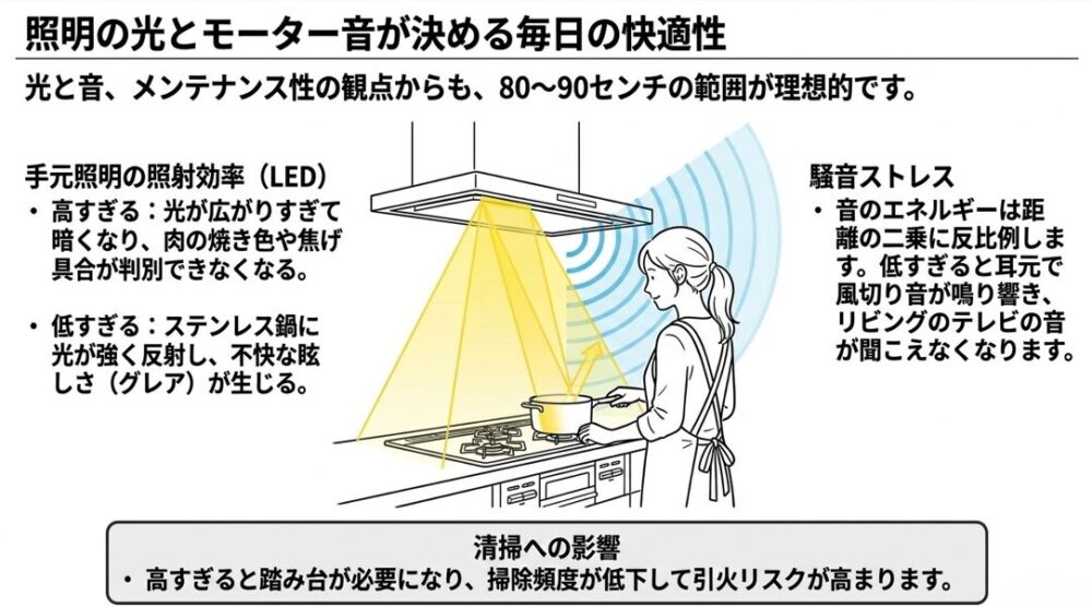 レンジフードの手元照明がコンロを照らす広がり方と、調理者の耳に届くモーター音の波紋を示したイラスト