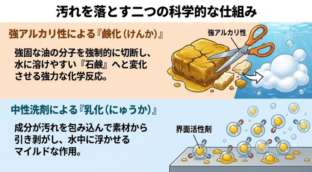 強アルカリ性による鹸化と、中性洗剤による乳化のメカニズム図解