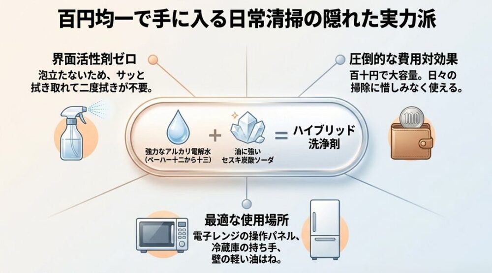 100円均一のアルカリ電解水とセスキ炭酸ソーダのハイブリッド洗浄剤の特徴