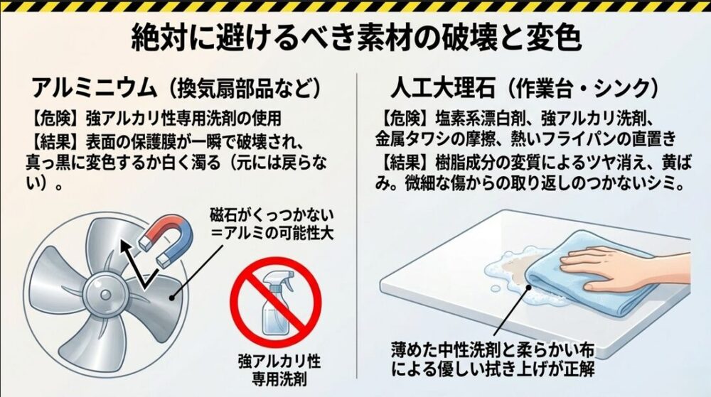アルミニウムや人工大理石に対する、強アルカリ洗剤や塩素系漂白剤による素材破壊と変色の警告