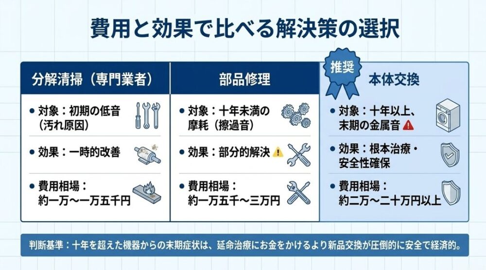 専門業者による分解清掃、部品修理、本体交換のそれぞれについて、対象となる状況、効果、費用相場の目安を比較した図