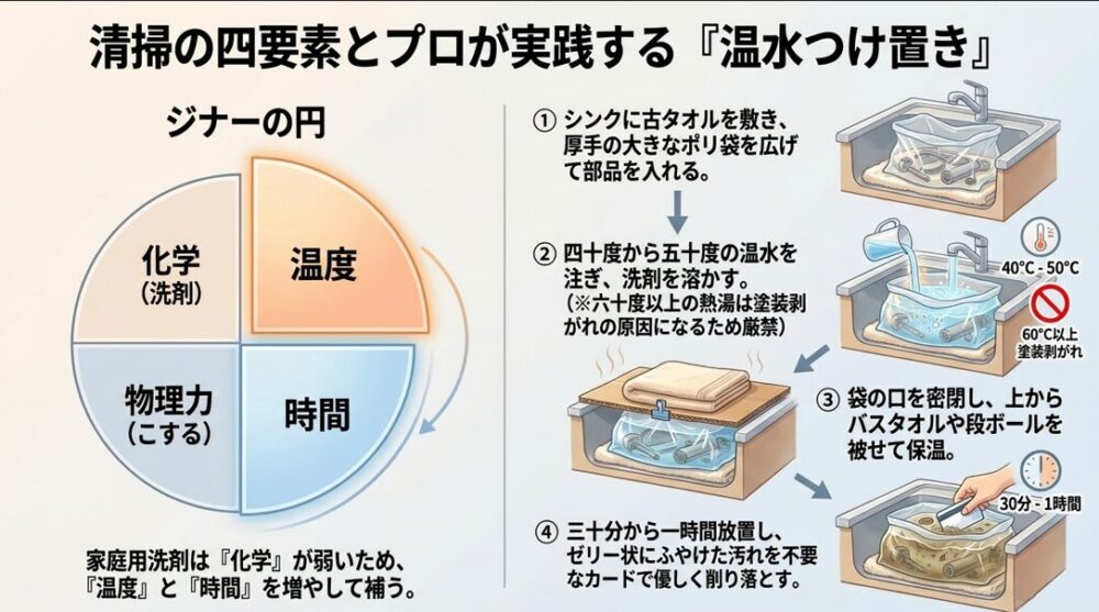 ジナーの円（化学・温度・時間・物理力）と、ポリ袋を使った温水つけ置きの手順