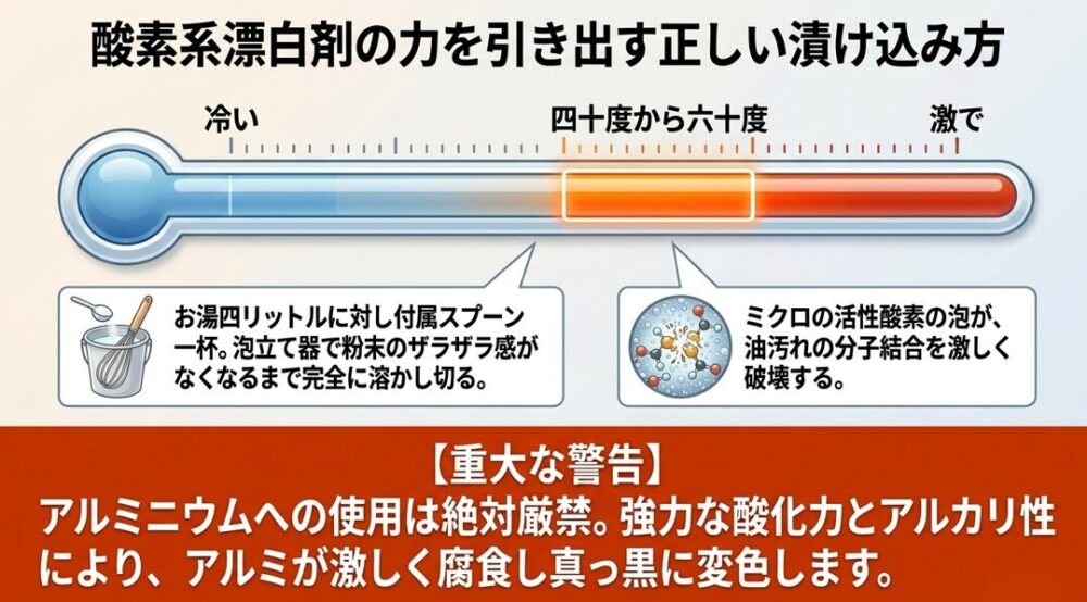40〜60度のお湯を使ったオキシクリーンの正しい漬け込み方とアルミ素材への注意喚起