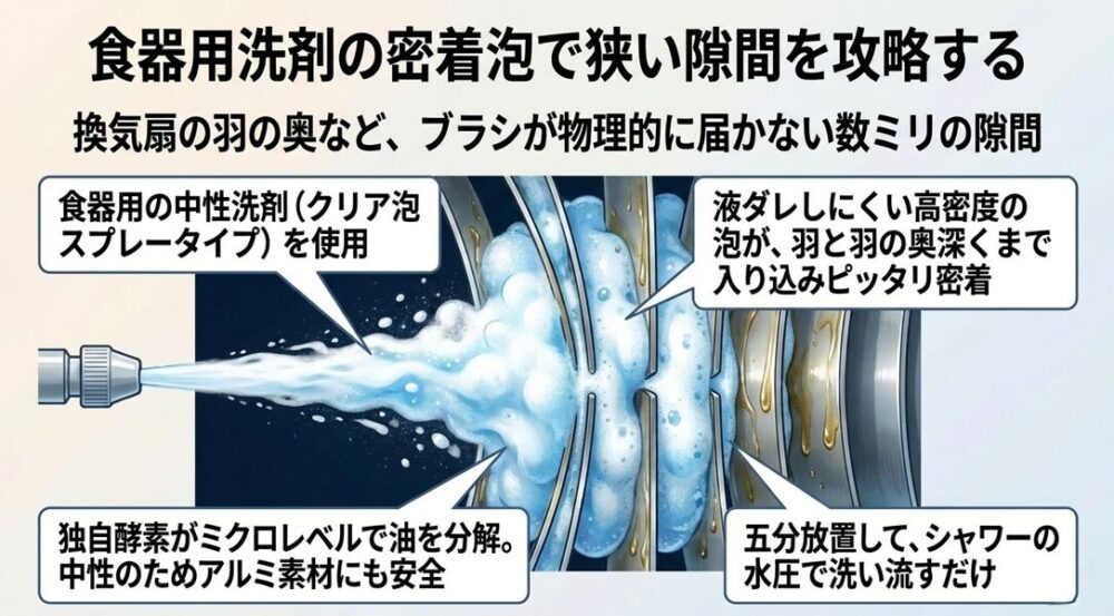 食器用中性洗剤の密着泡を使って、換気扇の羽の隙間汚れを落とす方法