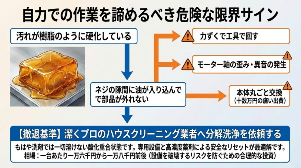 樹脂のように硬化した油汚れやモーター軸の歪みなど、プロの業者へ依頼すべき撤退基準