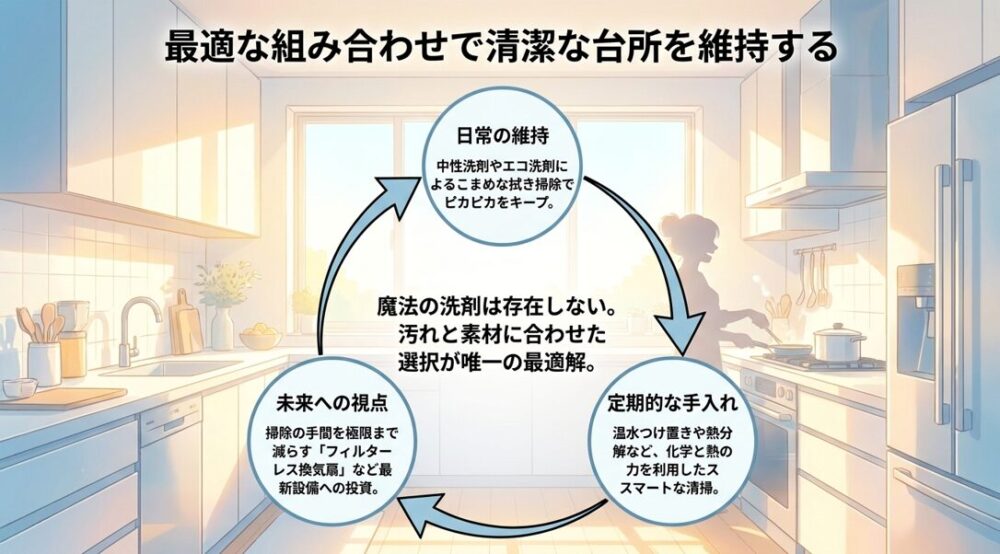 日常の維持から定期的な手入れ、未来の設備投資まで、清潔なキッチンを保つ最適な組み合わせのまとめ