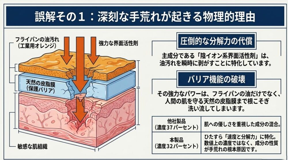 強力な界面活性剤が天然の皮脂膜を破壊し、敏感な肌組織にダメージを与えて手荒れを引き起こす物理的理由を図解したイラスト