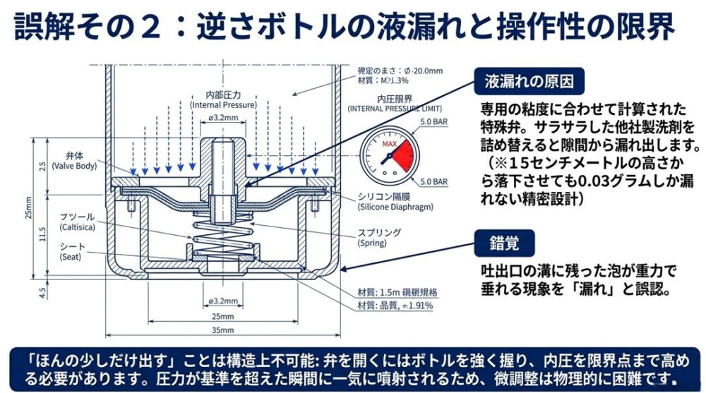 逆さボトルの内部圧力とシリコン隔膜などの特殊弁の構造を示し、他社製洗剤の詰め替えが液漏れの原因となることを説明した設計図