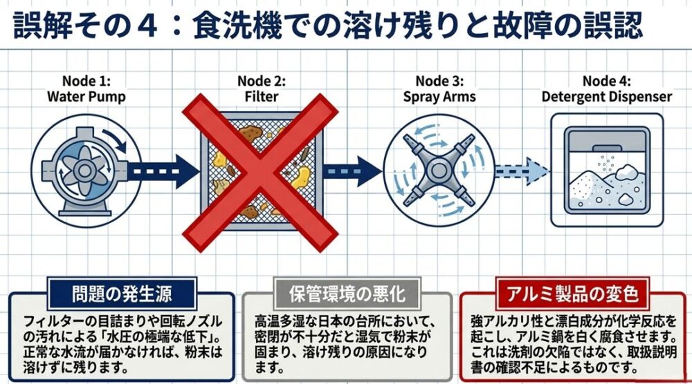 食洗機のウォーターポンプやフィルターの目詰まりによる水圧低下が、洗剤の溶け残りや故障の誤認につながることを示した内部構造図