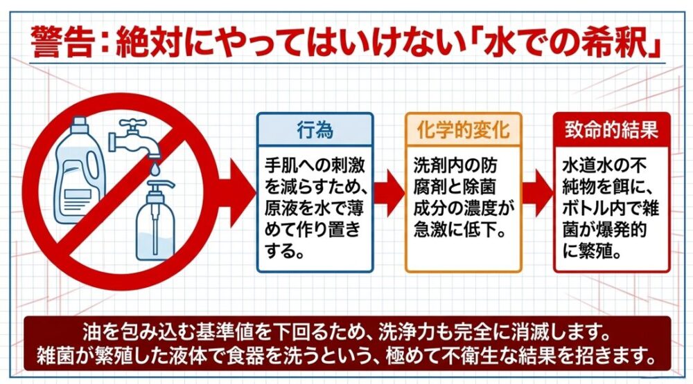 洗剤を水で希釈すると防腐剤の濃度が低下し、ボトル内部で雑菌が爆発的に繁殖する危険性を警告する図
