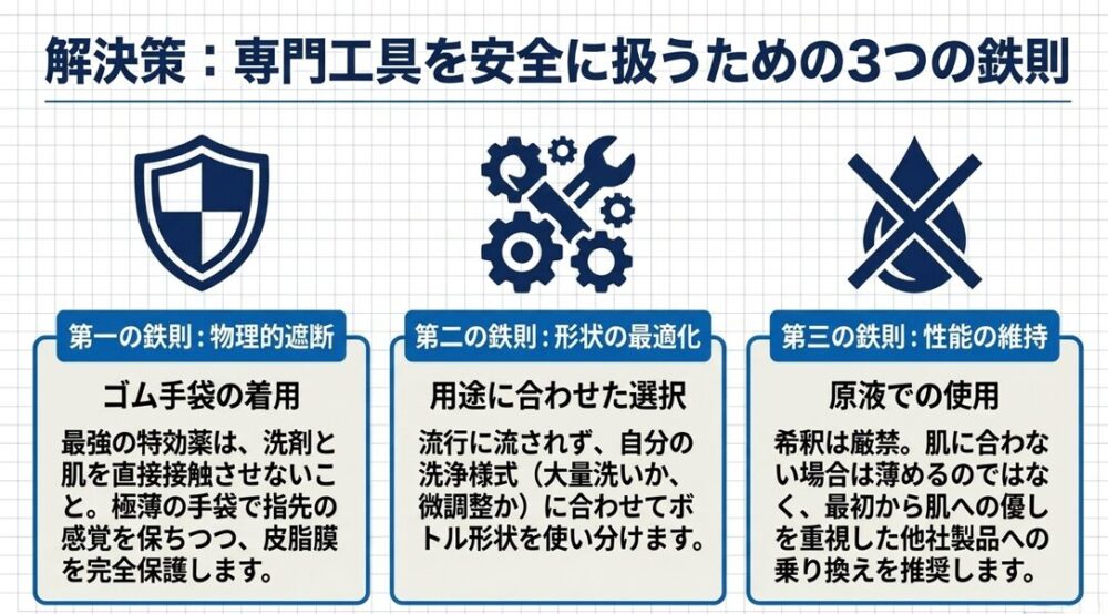 ゴム手袋の着用、用途に合わせた形状選択、原液での使用という、ジョイを安全に扱うための3つの解決策をまとめた図