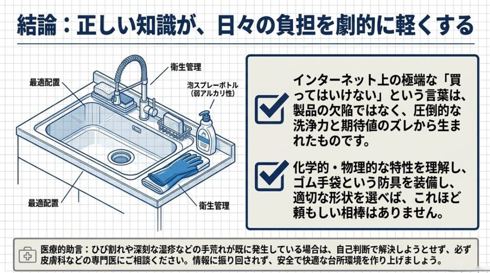 適切な知識とツールの選択、最適配置によって日々のキッチンでの負担が劇的に軽くなることをまとめた結論のシンク周りイラスト