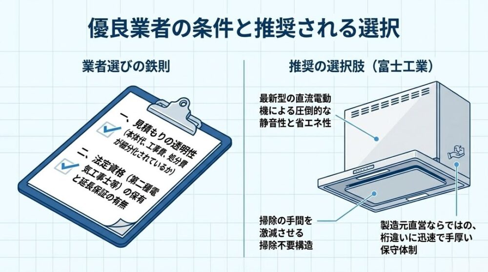 優良な業者を見極めるための見積もりや資格のチェックポイントと、推奨される富士工業製レンジフードの静音性や掃除の手軽さなどの特徴をまとめた図解