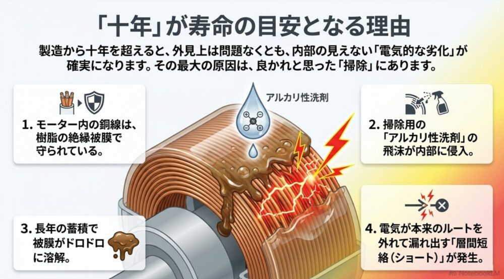 アルカリ性洗剤の侵入によりモーター内部の銅線を守る絶縁被膜が溶け、電気が漏れ出す層間短絡(ショート)を引き起こす4つのプロセスを図解