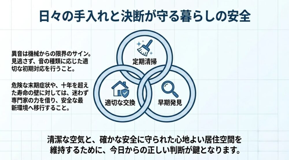定期清掃、早期発見、適切な交換という3つの要素が交わるベン図で、暮らしの安全を守るための日々の心がけをまとめた図解