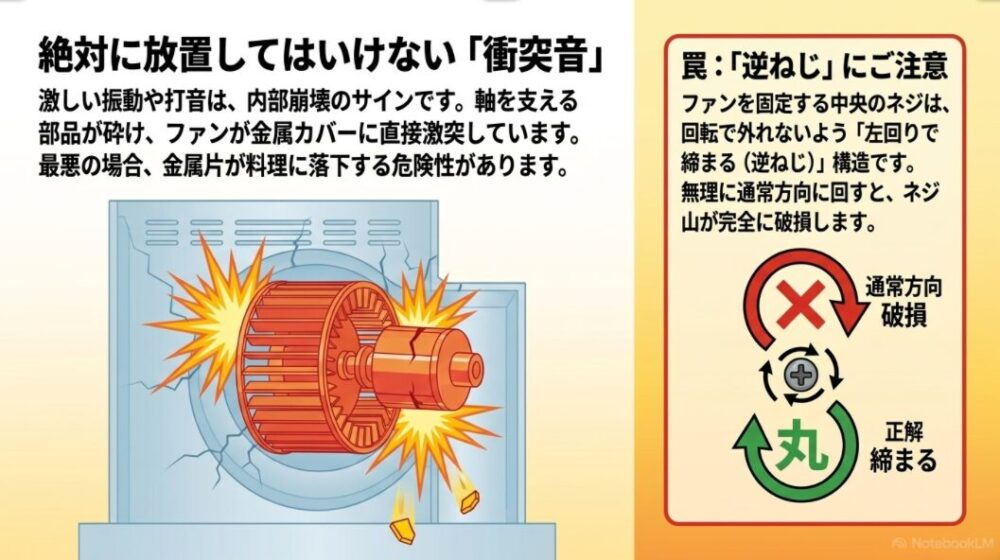 ファンが金属カバーに激突して破損するイラストと、スピンナーの左ねじ(逆ねじ)の正しい締め方・外し方を解説する図解