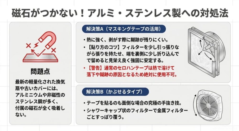 アルミやステンレス製で磁石がつかない換気扇に対する解決策。解決策Aとしてマスキングテープを活用して端を折り込む方法、解決策Bとして被せるタイプのフィルターを使う方法をイラストで解説