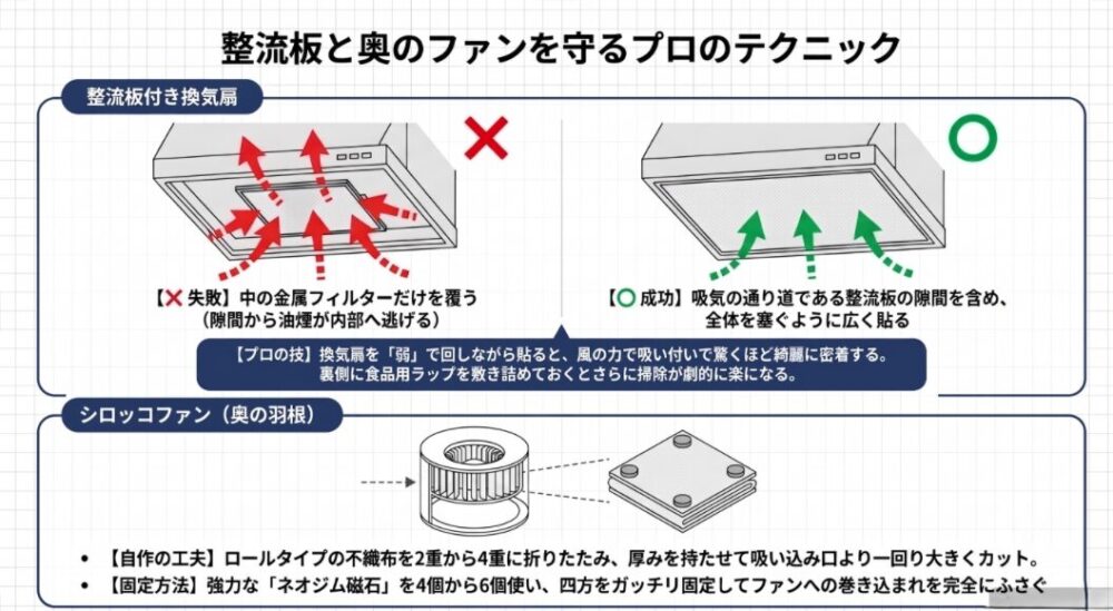 整流板付き換気扇にフィルターを貼る際の成功例(全体を塞ぐ)と失敗例(中の金属フィルターのみ塞ぐ)と、換気扇を弱で回しながら貼るプロの技。さらにシロッコファンをネオジム磁石と折りたたんだ不織布で守る自作の工夫を図解
