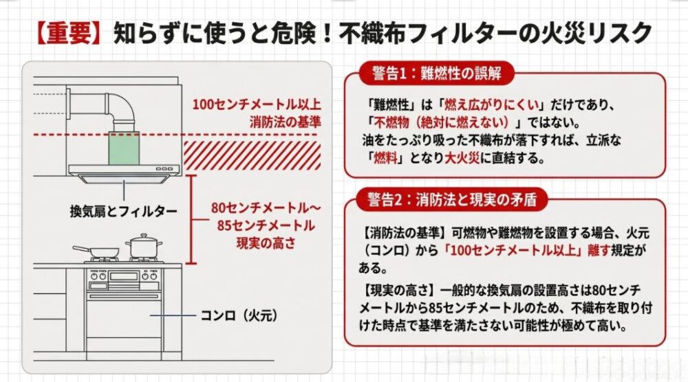 不織布フィルターの火災リスクに関する警告。難燃性は燃えないわけではないという説明と、消防法で定められた火元から100cm以上の距離基準に対して、現実の換気扇は80〜85cmであり矛盾が生じる危険性を図解