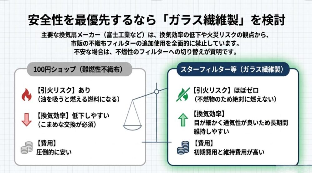 100円ショップの難燃性不織布と、スターフィルター等のガラス繊維製フィルターの比較。引火リスク、換気効率、費用の3点において、安全性を最優先するならガラス繊維製が優れていることを示す表。