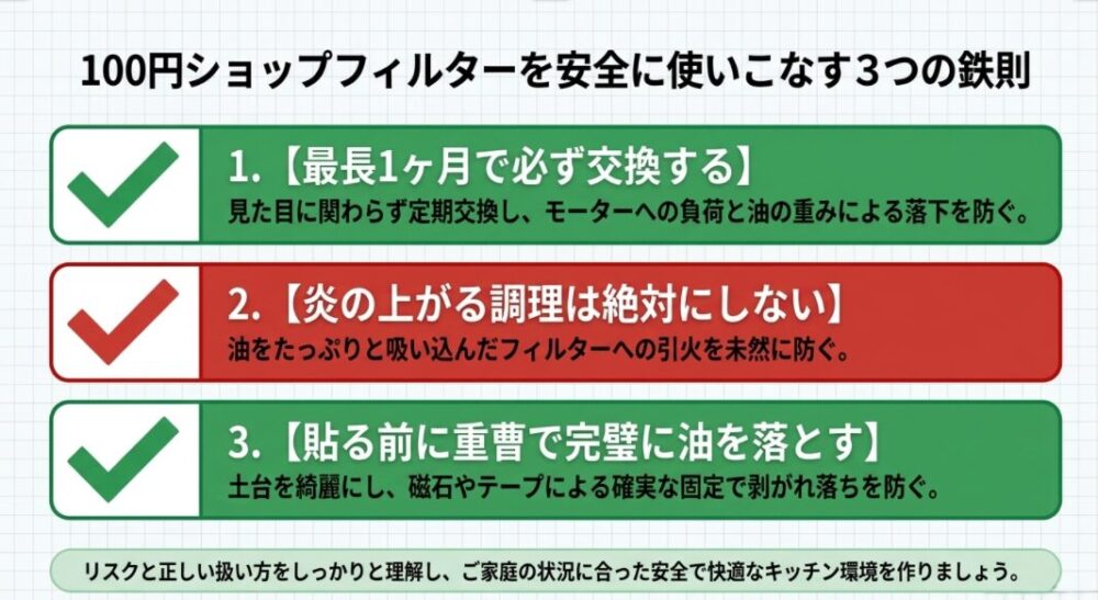 100均換気扇フィルター安全運用のまとめ。1.最長1ヶ月で必ず交換する、2.炎の上がる調理は絶対にしない、3.貼る前に重曹で完璧に油を落とす、という3つの鉄則を記載したスライド