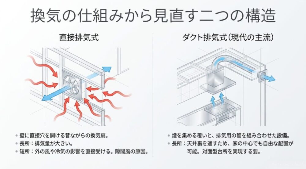 直接排気式とダクト排気式の換気構造の違いを比較した図解スライド