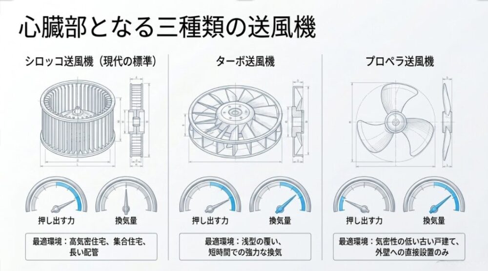 シロッコ送風機、ターボ送風機、プロペラ送風機の特徴と適した環境を比較したスライド