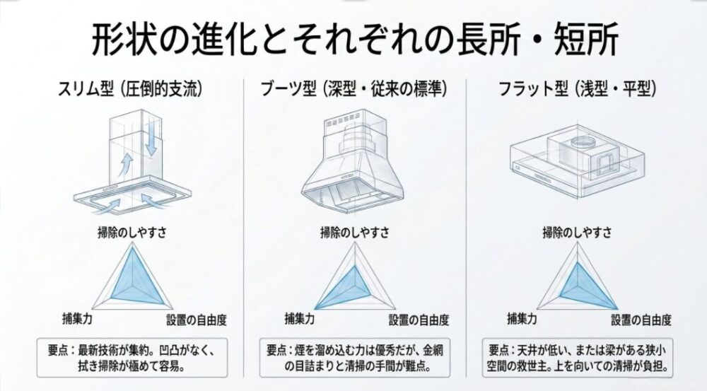 スリム型、ブーツ型、フラット型の長所と短所をレーダーチャートで比較したスライド