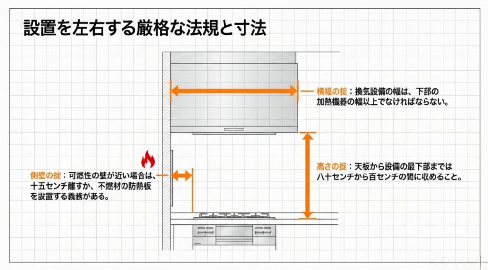 レンジフード設置における横幅、側壁との距離、高さに関する法的な寸法ルールを図解したスライド
