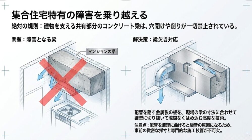 マンションの梁を避けてレンジフードを設置する梁欠き対応の仕組みの図解スライド
