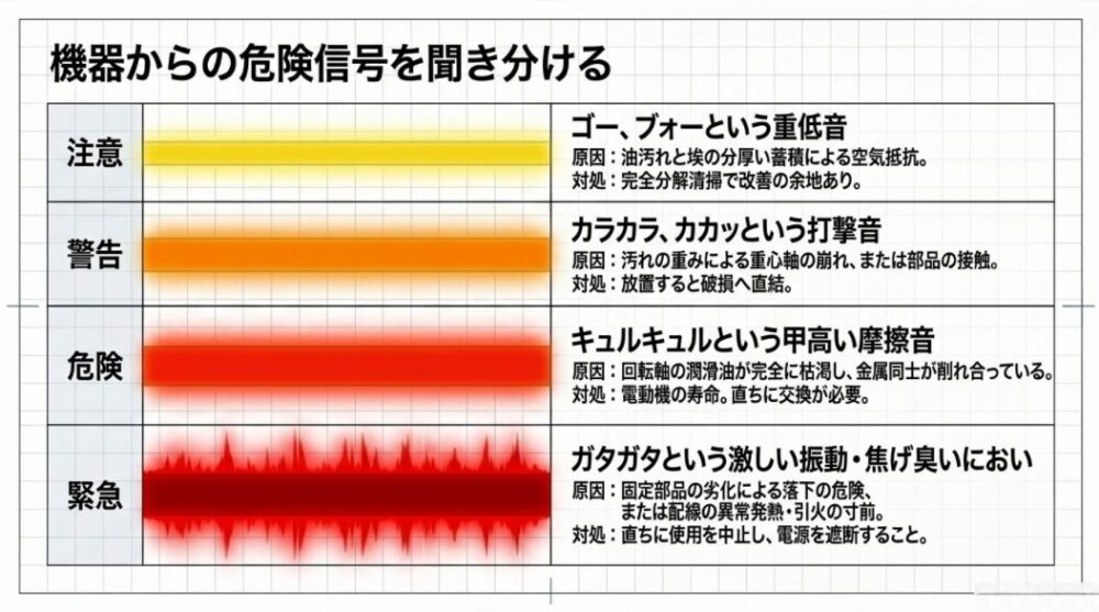 換気扇から鳴る異音の種類と危険度、原因と対処法をまとめたスライド