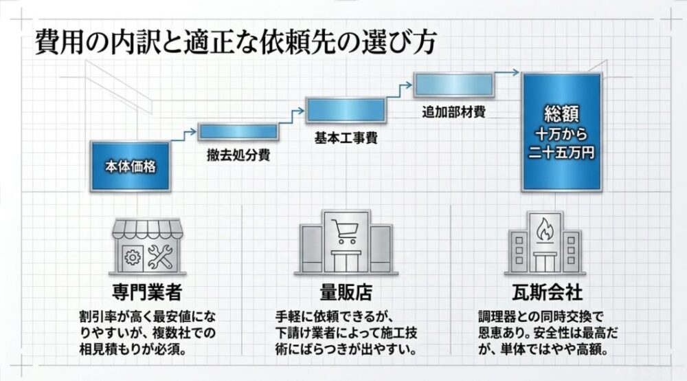 レンジフード交換の費用相場と、専門業者・量販店・ガス会社それぞれの特徴をまとめたスライド